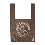 The Arm & Hammer Swivel Bin Pet Waste Bags by Arm And Hammer feature a brown plastic design with two handles and the iconic logo: a muscular arm wielding a hammer. These bags excel in odor control thanks to activated baking soda, embodying The Standard of Purity.