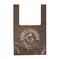 The Arm & Hammer Swivel Bin Pet Waste Bags by Arm And Hammer feature a brown plastic design with two handles and the iconic logo: a muscular arm wielding a hammer. These bags excel in odor control thanks to activated baking soda, embodying The Standard of Purity.
