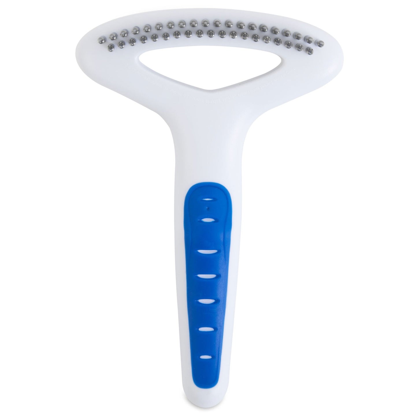 The JW Gripsoft Double Row Undercoat Rake by Jw, with its ergonomic handle and metallic bristles, effectively removes shedding hair and loose fur from your pets undercoat.
