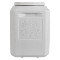 The Vittles Vault Bird Seed Storage Container from Vittles Vault is light gray with a GAMMA Seal Lid, featuring a textured surface and a raised design of two birds on branches with leaves; it has a rectangular shape and rounded edges.