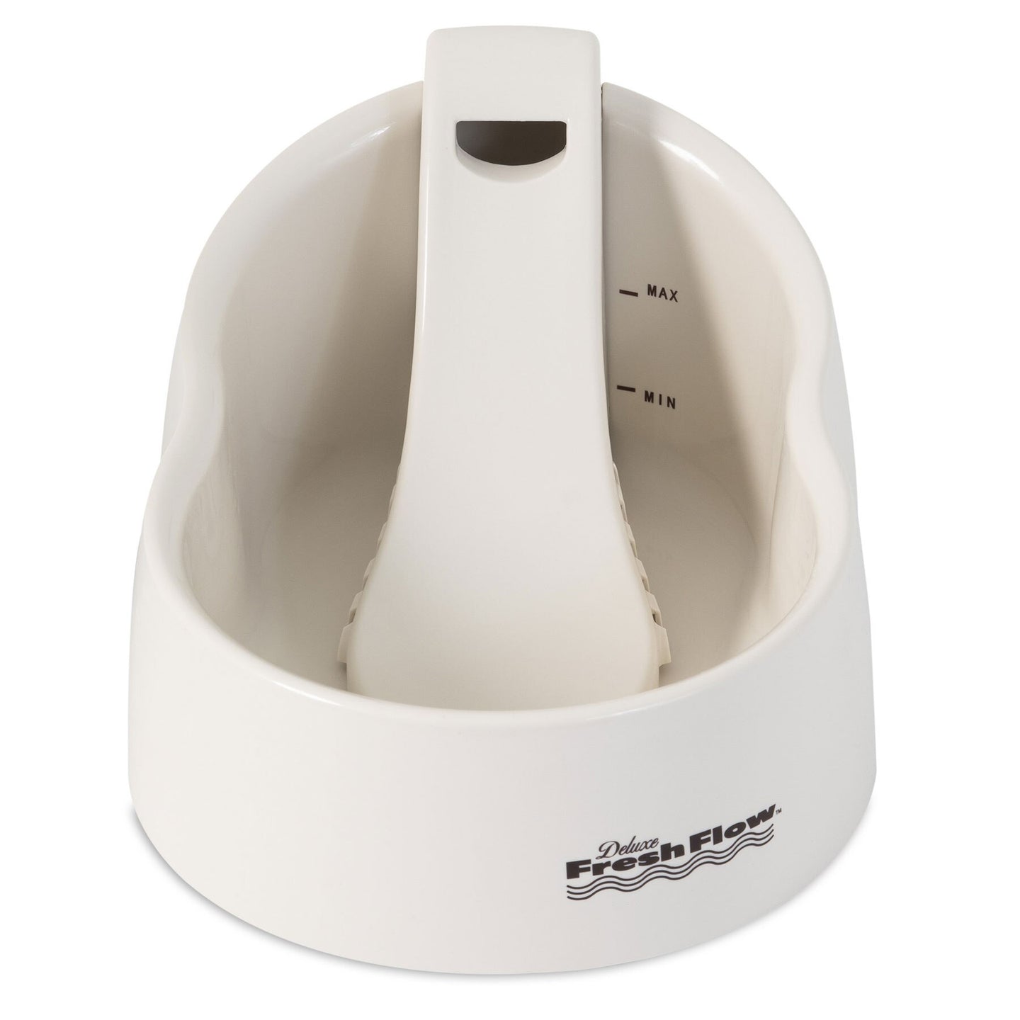 The Petmate Deluxe Fresh Flow Fountain for Cats is a white pet water fountain with a central spout, offering filtered water to boost pet health. It features Deluxe Fresh Flow branding and has marked minimum and maximum fill levels.