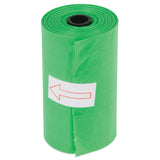 The Arm & Hammer Cornstarch Waste Bags, by Arm And Hammer, feature green bags on a black core with a white arrow label for odor control, making them perfect for pet supplies.