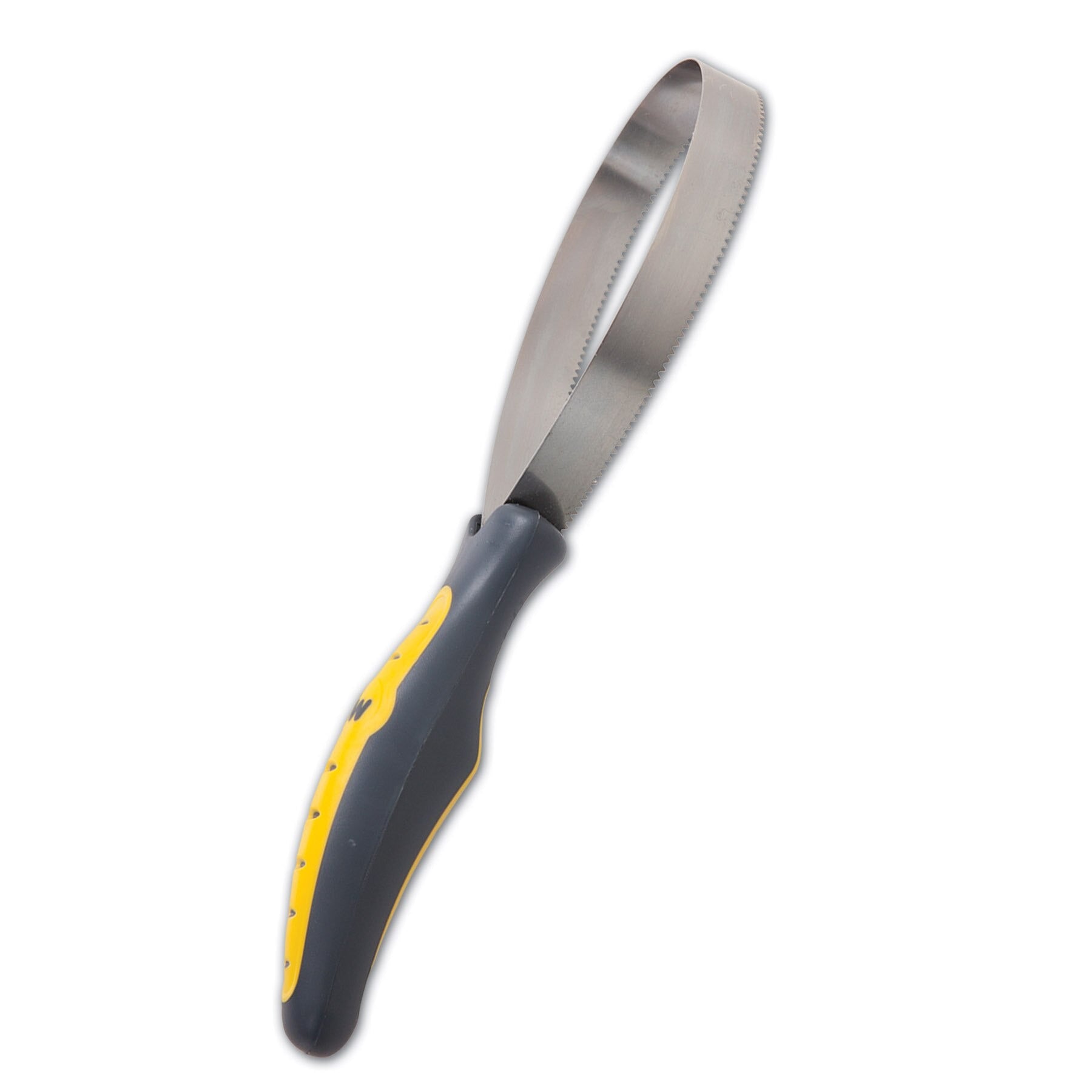 The JW Gripsoft Shedding Blade, by Jw, features a loop-style saw with a black and yellow ergonomic handle and a flexible metal blade with serrated edges. This tool is perfect for grooming and tackling tough tasks, offering a comfortable grip for easy use.