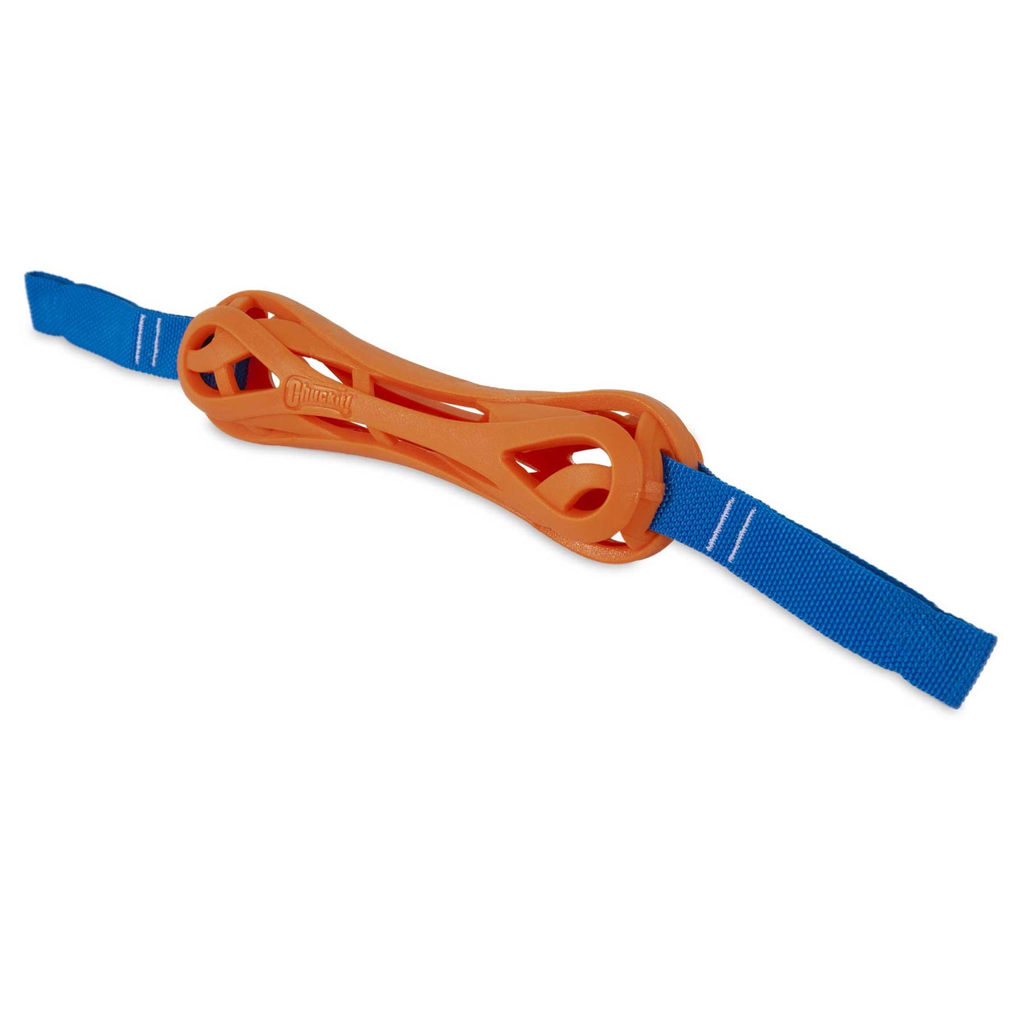 The Chuckit! Air Bumper Dog Toy by Chuckit is an interactive orange rubber toy for fetch games, designed with a hollow shape and two blue fabric straps attached at each end.