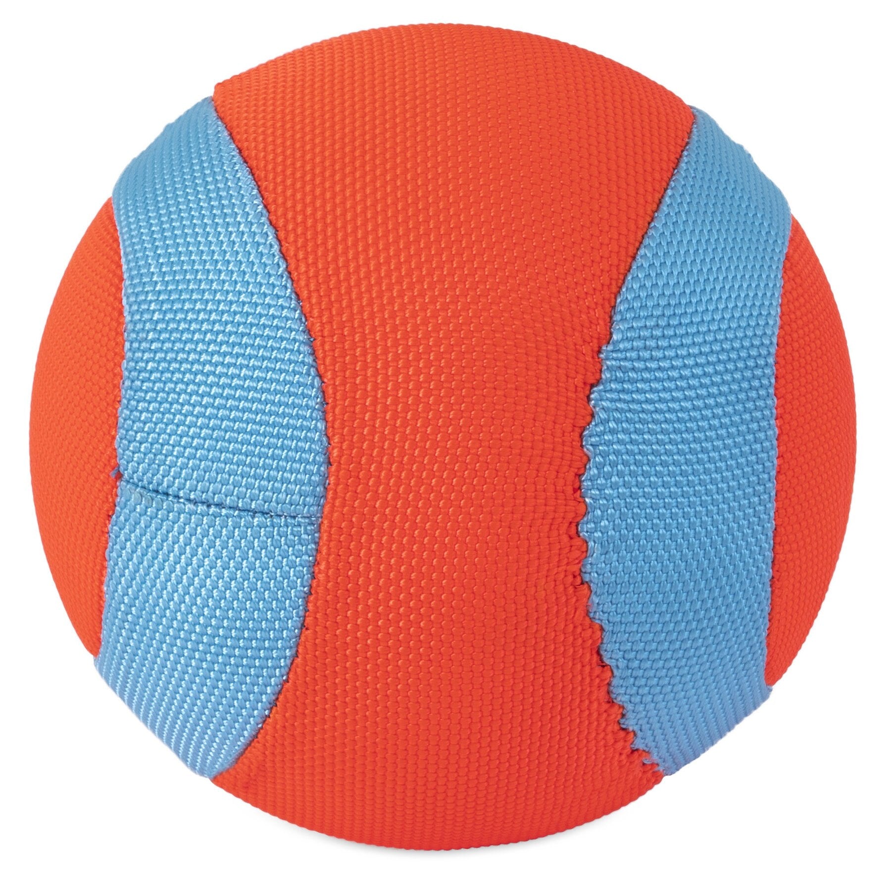 The Chuckit! Amphibious Mega Ball by Chuckit is a round fabric ball with a textured surface, perfect for water-loving canines. It has alternating bright orange and light blue panels made from durable, lightweight materials, with visible stitching where the panels meet.