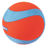 The Chuckit! Amphibious Mega Ball from Chuckit features a vibrant orange and blue design with curved stripes, made from durable, lightweight materials. It has a small side logo and is ideal for water-loving dogs, combining style and functionality.