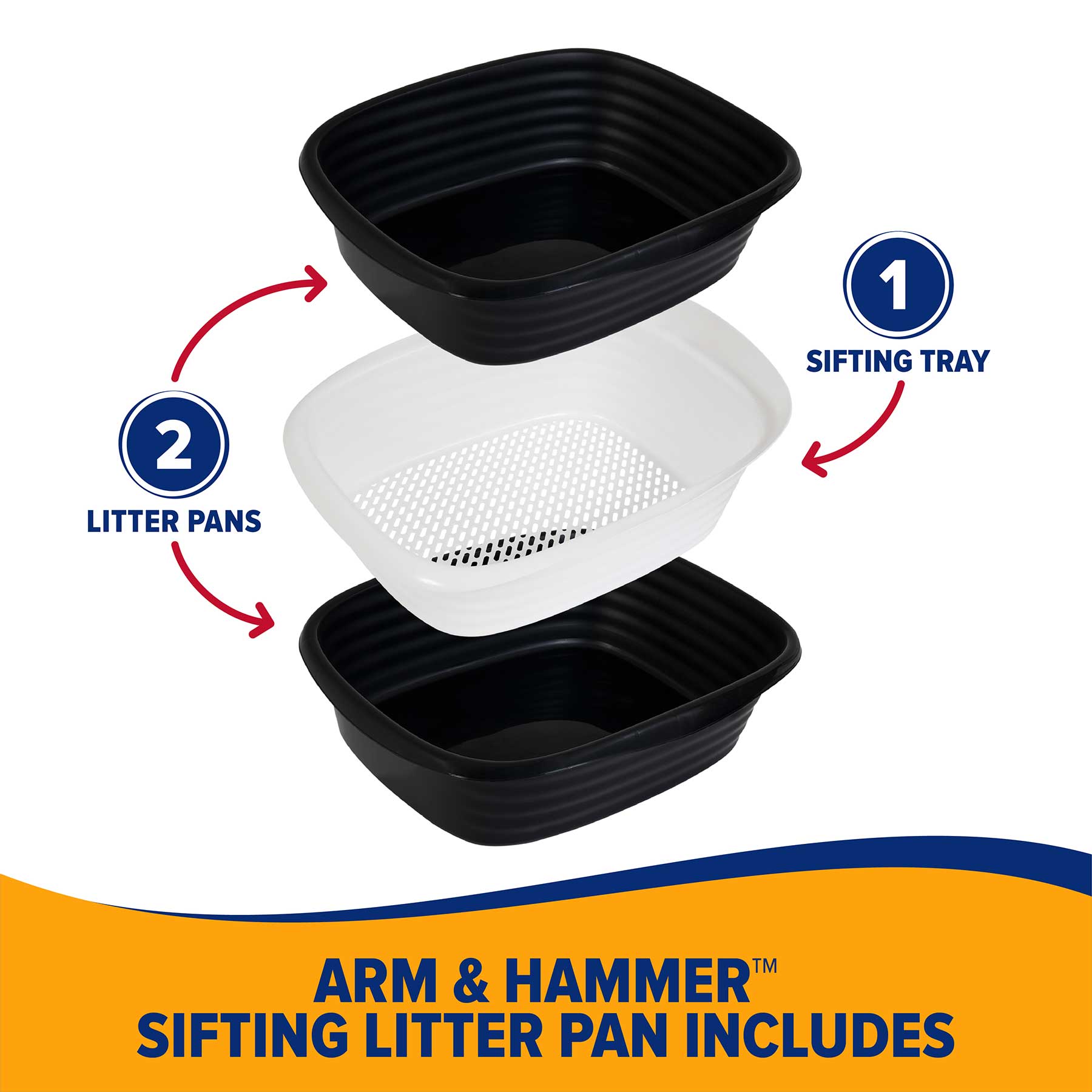 Illustration of the Arm & Hammer Sifting Litter Box by Arm And Hammer, showcasing two black pans and one white sifting tray with holes. Arrows depict setup, with the product name shown below. Includes antimicrobial protection.