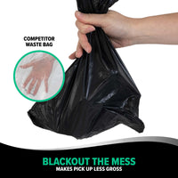 A hand grips an Arm & Hammer MAX Blackout Dog Waste Bag with the text: Blackout the Mess. Makes Pick Up Less Gross. Inset contrasts a clear competitor bag showing the users hand. Enhanced with activated baking soda, its your ultimate solution for fresher, cleaner waste disposal.