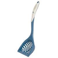 The Petmate Ultimate Litter Scoop, by Petmate, features a blue plastic design ideal for sifting. It has an extra-long handle with a white grip for easy use. Perfect as a cat litter scoop or pet cleaning tool, its slotted structure ensures efficiency.