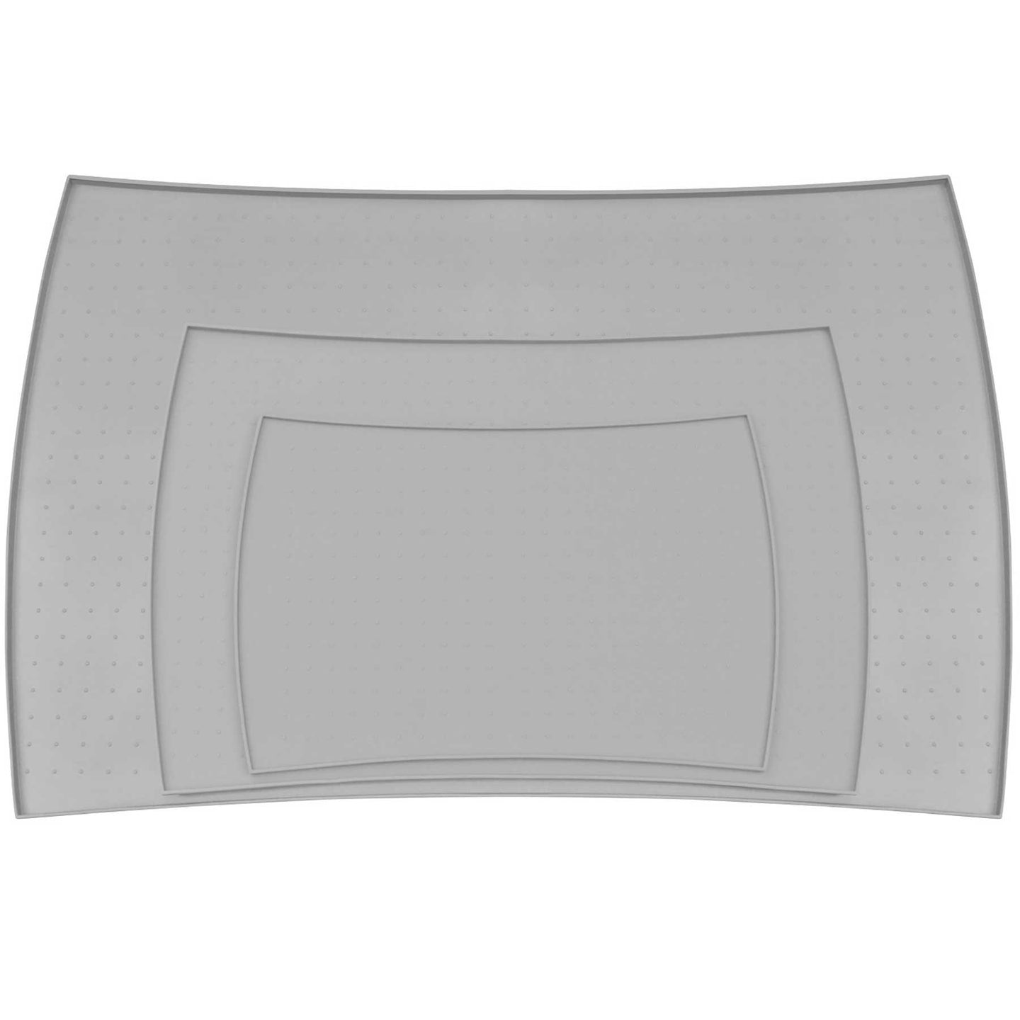The PetFusion Pet Food Mat set includes three rectangular, gray mats made of FDA-grade silicone. They feature anti-slip bumps, rounded corners, and a dot grid pattern. The mats stack in descending size to enhance stability during use.