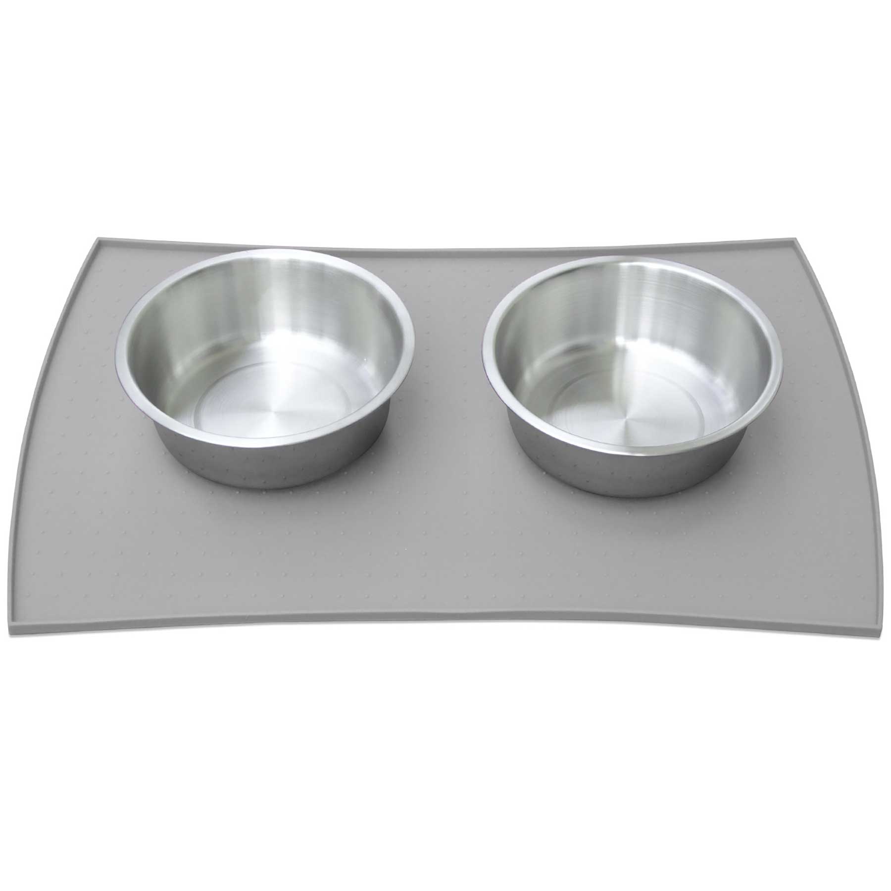 The PetFusion Pet Food Mat in Premium Silicone by Petfusion holds two stainless steel bowls on a gray, FDA-grade waterproof mat with anti-slip bumps to keep them steady.