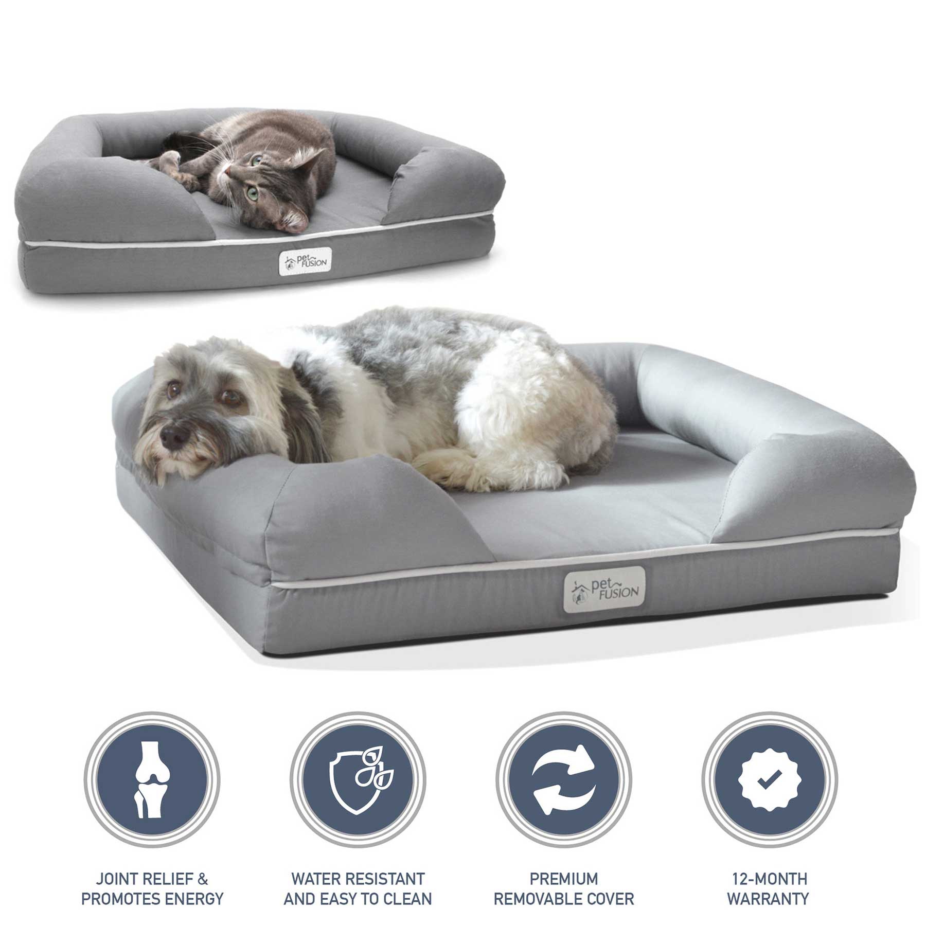 Two pets rest on gray PetFusion Ultimate Dog Beds with memory foam, offering joint pain relief, anxiety support, energy promotion, water resistance, easy cleaning, a premium removable cover, and a 12-month warranty. Feature icons are displayed below the beds.