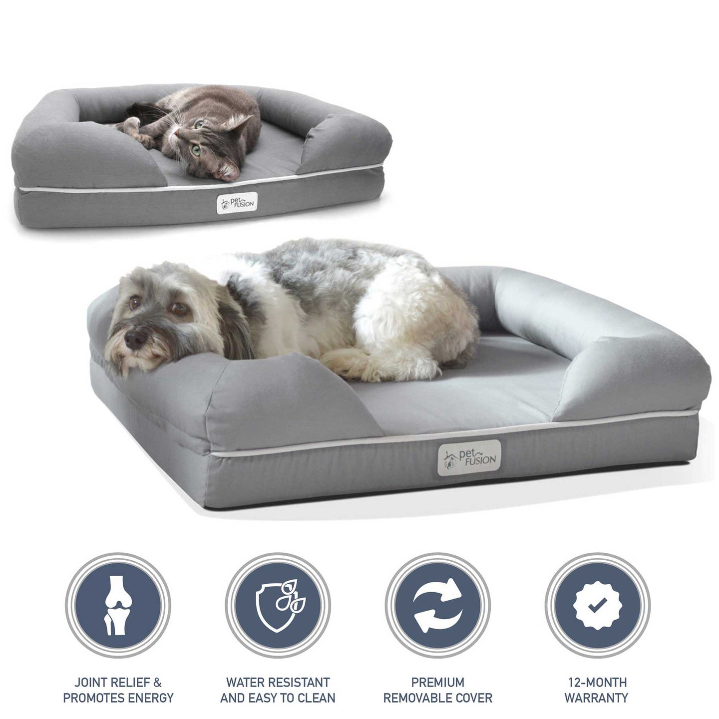 Two pets rest on gray PetFusion Ultimate Dog Beds with memory foam, offering joint pain relief, anxiety support, energy promotion, water resistance, easy cleaning, a premium removable cover, and a 12-month warranty. Feature icons are displayed below the beds.