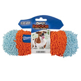The Chuckit! Indoor Tumble Bumper features a plush design with orange and blue textured sections and Bounceflex Core Technology. The package label showcases a joyful dog and the Chuckit brand logo, making it perfect for indoor fun!.