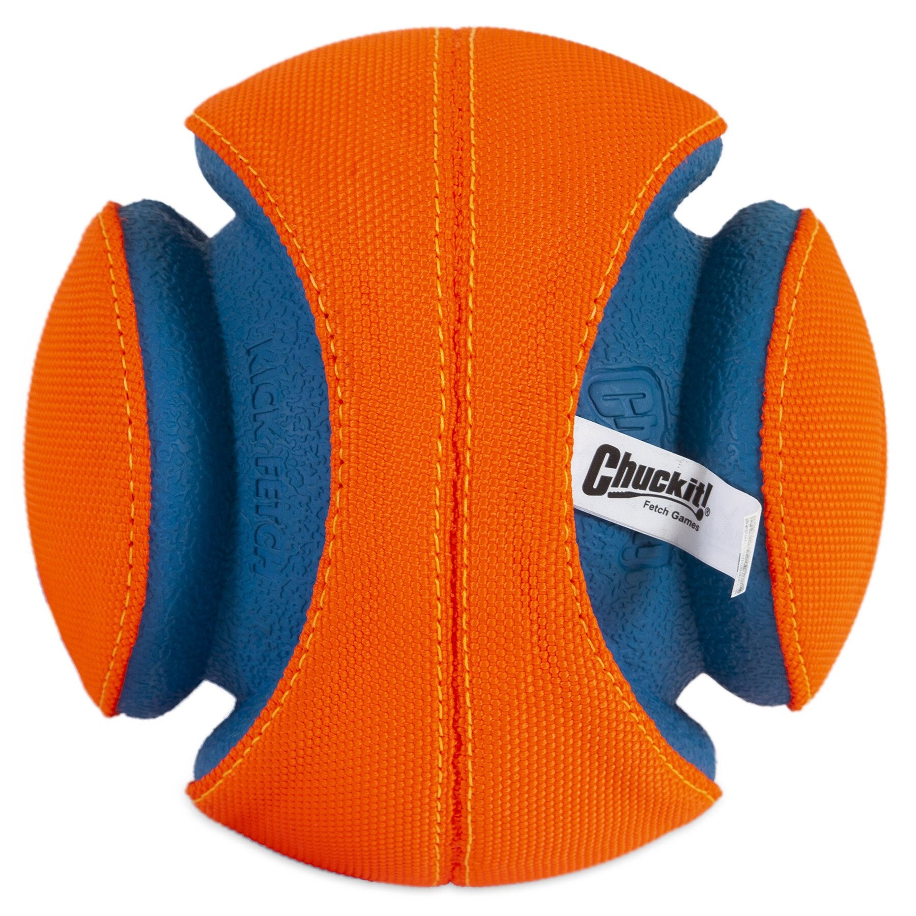 The Chuckit! Kick Fetch Dog Toy by Chuckit boasts an orange and blue design with a textured center and curved panels for easy gripping, ideal for interactive fetch sessions outdoors.