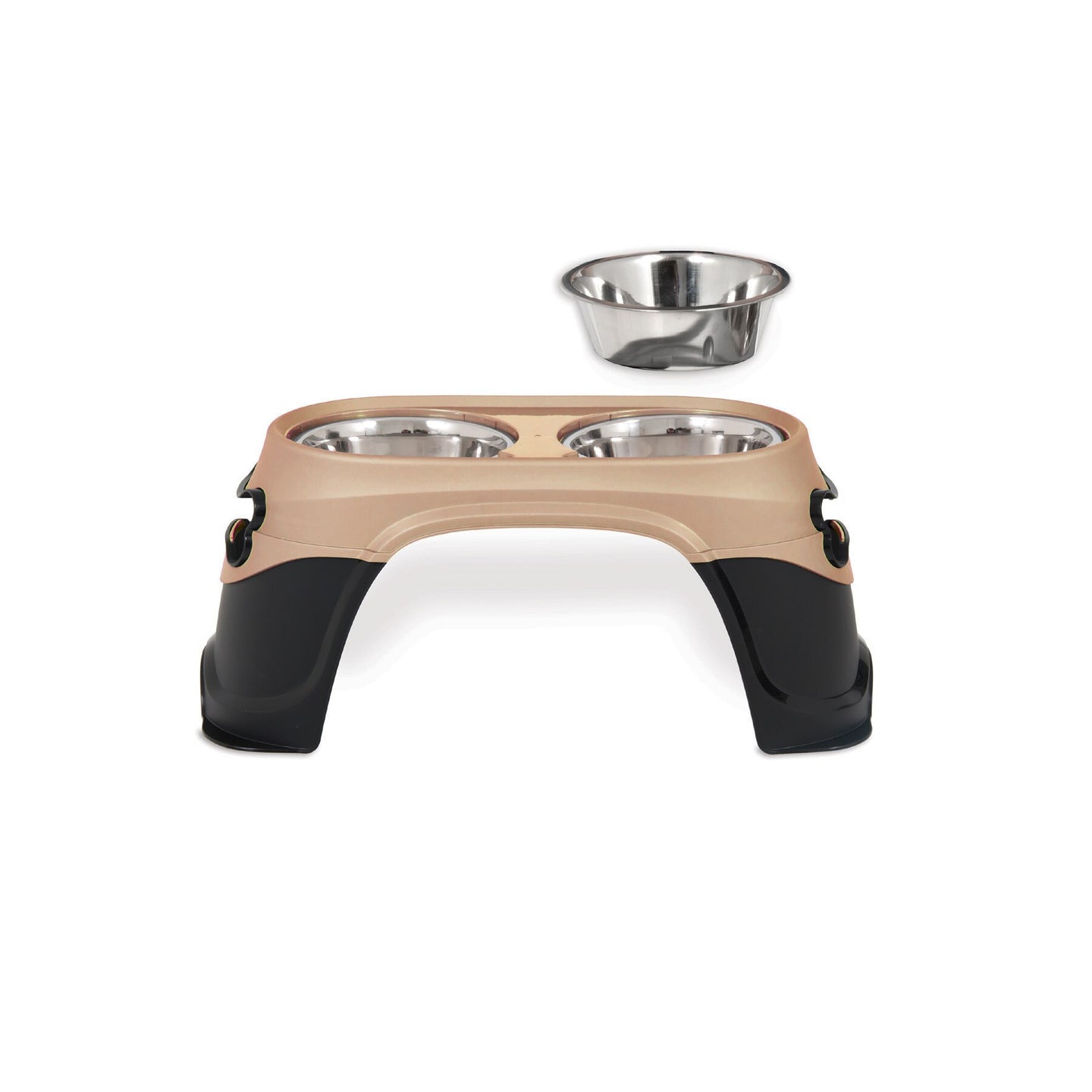 The Petmate Easy Reach Diner by Petmate is an elevated beige and black pet feeder with two stainless steel bowls, ideal for large breed dogs to aid digestion. An extra identical bowl sits beside the station, making it suitable for both dogs and cats.