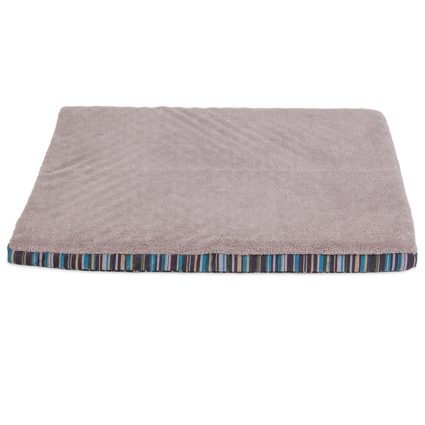 The Aspen Pet Antimicrobial Orthopedic Bed is a rectangular, beige pet bed featuring a soft textured surface and a multicolored striped border. It offers plush comfort for small to medium-sized pets and is enhanced with antimicrobial technology.