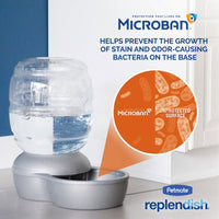 The Petmate Replendish Pet Feeder With Microban features a large clear container on a gray base. It highlights Microban Antimicrobial Protection, which prevents bacterial growth, and includes an illustration showing fewer bacteria. This gravity-controlled feeder ensures freshness for your pet.