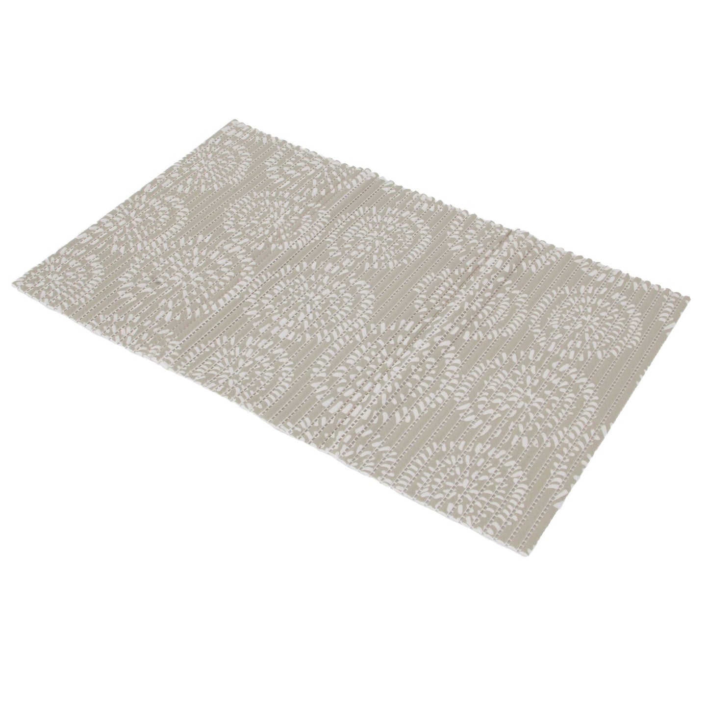 The Petmate Ribbed Foam Feeding & Watering Mat in beige features intricate white mandala-like spirals. It enhances any space with its textured surface and non-skid backing, ensuring stability and style.
