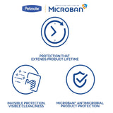 The Petmate and Microban logos feature prominently, showcasing the Petmate Replendish Pet Feeder With Microban. Icons illustrate its unique features: a clock signifies extended product lifetime, sparkles highlight its cleanliness, and a shield marks the Microban Antimicrobial Protection in this gravity feeder.
