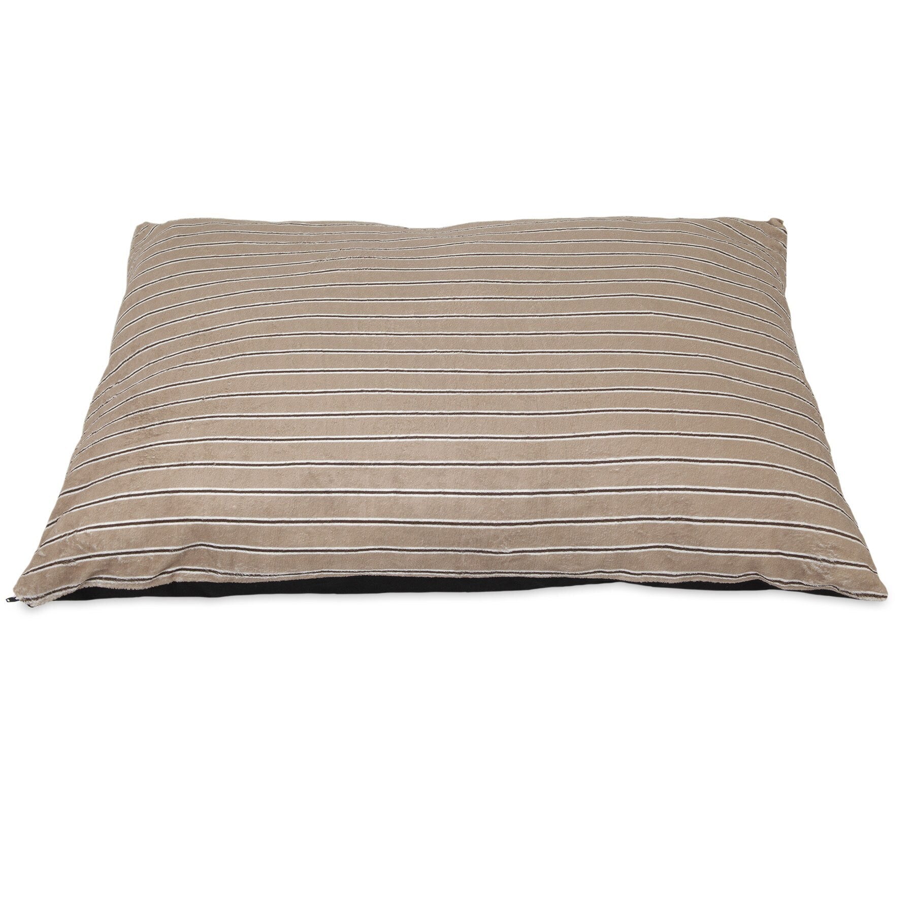 The Aspen Pet Classic Stripe Pillow Dog Bed is a rectangular cushion crafted from micro-terry plush fabric with beige and light brown stripes on a white background. Its machine washable for convenient maintenance.