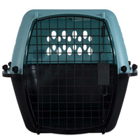 The Petmate Fashion All Purpose Vari Kennel by Petmate features a black base, teal top, metal front door, and ventilation holes—ideal for small dog carriers or pet travel. Shown empty from the front against a white background.