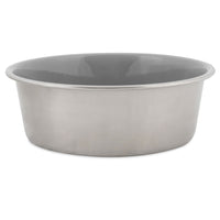 The Petmate Painted Stainless Steel Pet Bowls feature a rust-resistant stainless steel build with a shiny exterior and dark gray interior, complete with non-skid feet for stability, showcased elegantly against a white background.