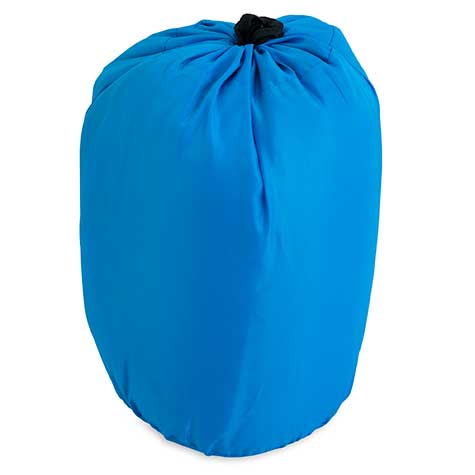 The Chuckit! Travel Pillow Bed by Chuckit features a lightweight, blue, cylindrical sack with a drawstring closure and dark cord. Made of smooth, subtly wrinkled fabric, its perfect for travelers and is machine washable.
