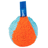 The Chuckit! Indoor Shaker features bright orange and light blue segments with a fuzzy, mop-like surface. It has a Chuckit!-labeled blue fabric loop and uses Bounceflex Core Technology for durability and fun indoor play.