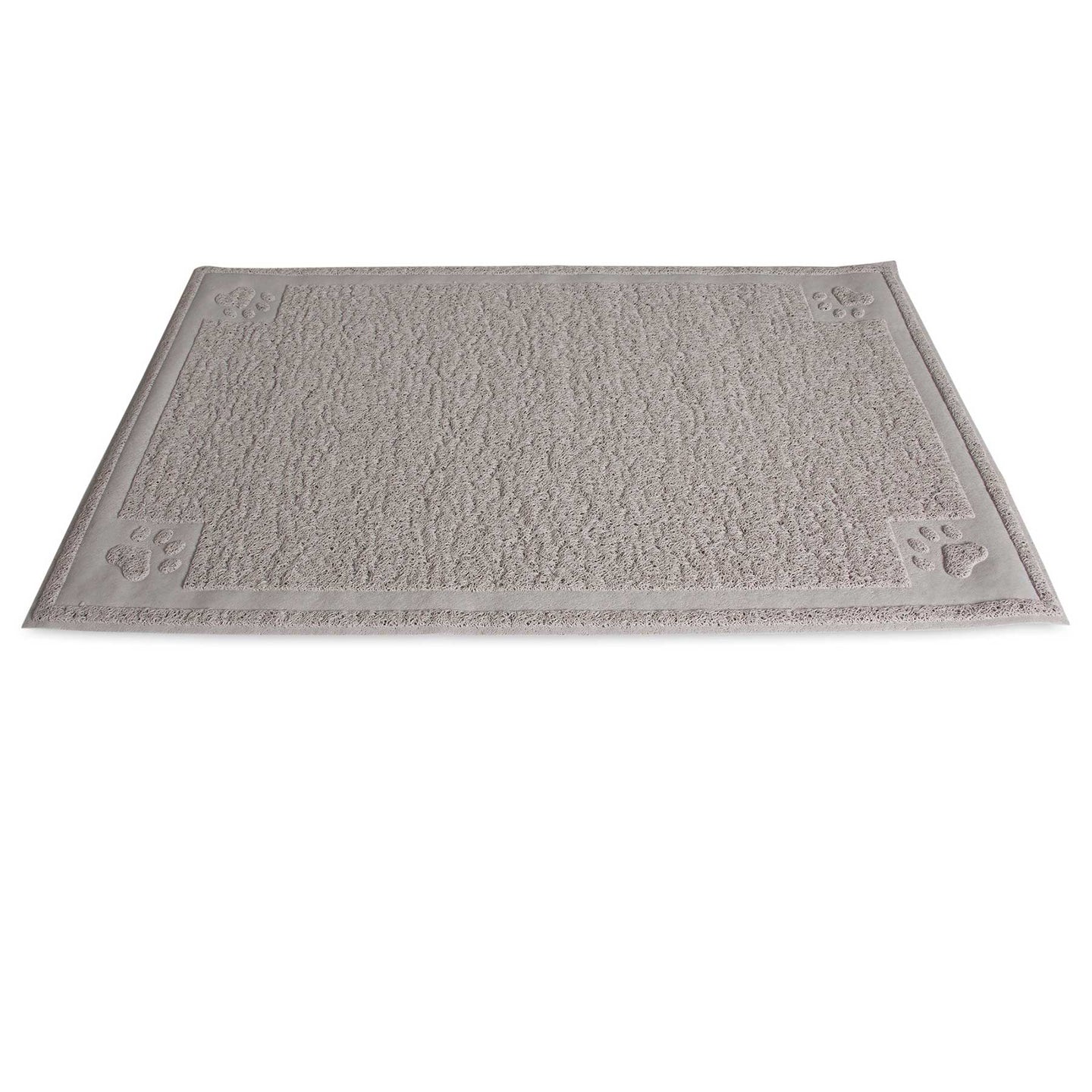 The Petmate Paws Large Litter Catcher Mat in tan is displayed. Made from soft, rubberized material, it has a rectangular textured surface with a subtle border and decorative raised paw prints at the corners. BPA and phthalate-free, it seamlessly lies on a white background.