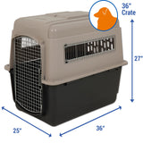 The Petmate Traveler - Ultra Vari Kennel by Petmate is a large, durable pet carrier (36L x 25W x 27H) with a metal door, side vents, orange dog head design, and “36 Crate” label—ideal as an airline-approved crate for stress-free pet travel.