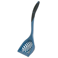 Introducing the Petmate Ultimate Litter Scoop by Petmate: a blue plastic scoop featuring an extra-long handle with a black grip and chevron-shaped slots for efficient sifting. This indispensable tool is specifically designed to make cleaning litter boxes easier.