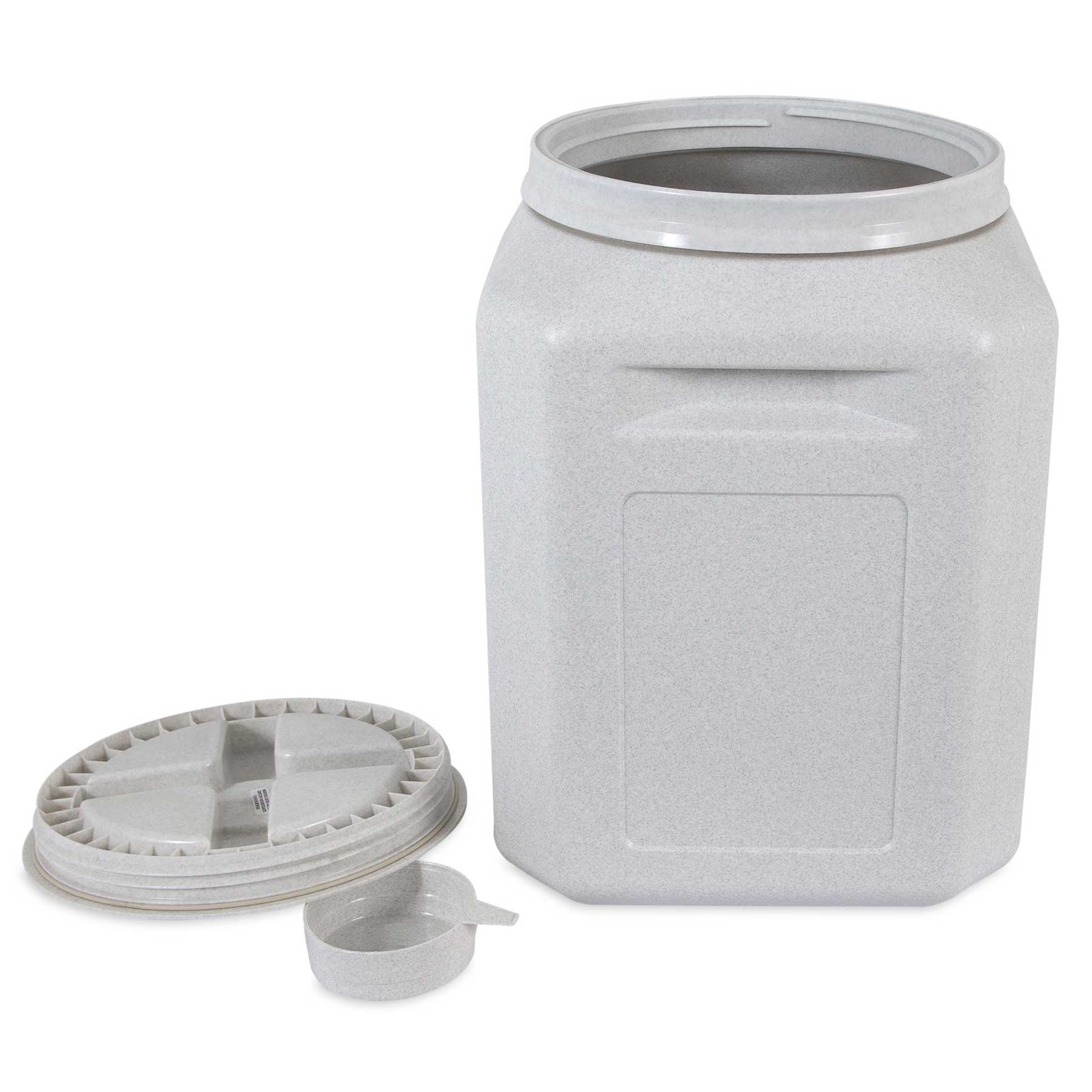 The Vittles Vault Outback Food Storage Container by Vittles Vault is a large gray square plastic container with a wide mouth and airtight seal, ideal for pet food storage. It includes a lid and small scoop, while its textured surface ensures durability with Gamma Seal Technology.