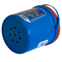 The Chuckit! Bucket With Ultra Balls by Chuckit is blue with a red lid, illustrations of basketballs, and small circular holes at the bottom. It lies on its side and includes a handle for easy transportation of Ultra Balls, ideal for fetch games.