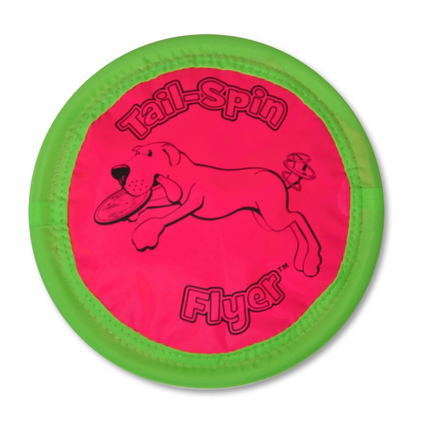 The Petmate Booda Tail Spin Flyer by Petmate is a round, neon pink and green disc featuring a cartoon dog catching a frisbee, making it the perfect interactive fetch toy for your playful pup.