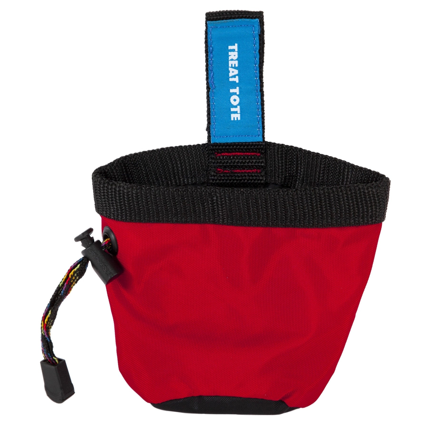 The Chuckit! Treat Tote is a durable red packcloth treat tote with a black drawstring, blue TREAT TOTE tag, black rim, and multi-colored cord, ideal for reward-based training.