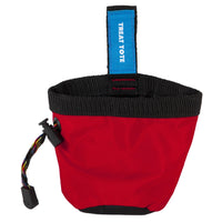 The Chuckit! Treat Tote is a durable red packcloth treat tote with a black drawstring, blue TREAT TOTE tag, black rim, and multi-colored cord, ideal for reward-based training.