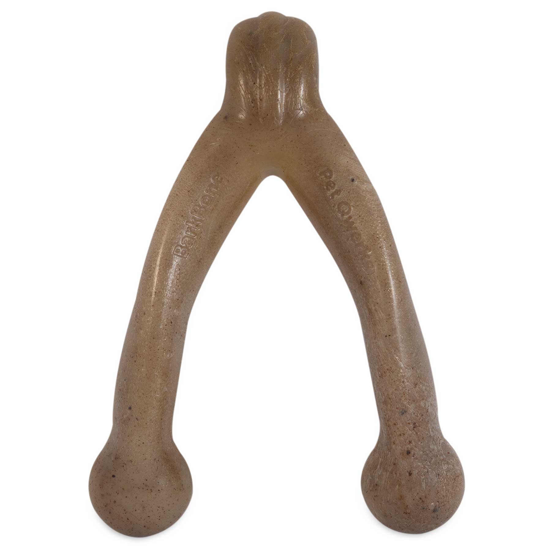 Meet the BarkBone Natural Instincts Wishbone Bacon-Infused Nylon Dog Chew! With durable, translucent brownish-tan nylon, a speckled texture, and round ends, it offers REAL bacon flavor to make it irresistible and long-lasting for your furry friend.
