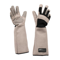 The PetFusion Multipurpose Glove for Pet Grooming boasts beige color, extended cuffs, a non-slip patterned grip on palms and fingers, black detailing, and the Petfusion brand. Its an ideal cat grooming tool designed for safe pet handling.