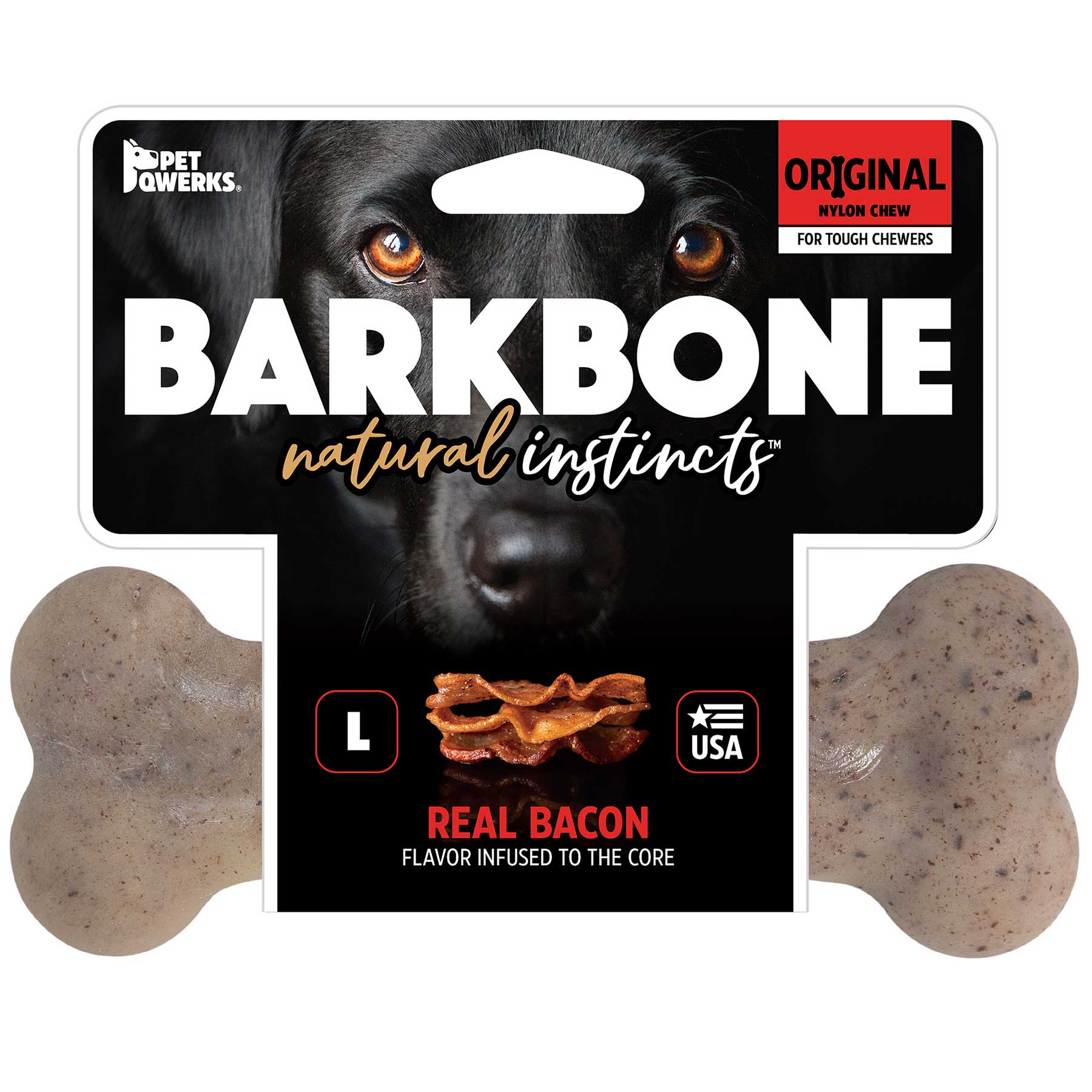 The BarkBone Natural Instincts Bacon-Infused Nylon Dog Chew packaging showcases durable chews for tough chewers. Real Bacon Flavor-Infused to the Core highlights the packs bottom, adorned with a lively dog image and bacon pieces illustration in the background.