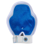 A blue and white mesh fencing mask with white trim and a Velcro strap features a circular blue insignia on the strap, is machine washable, and has a small bottom opening.