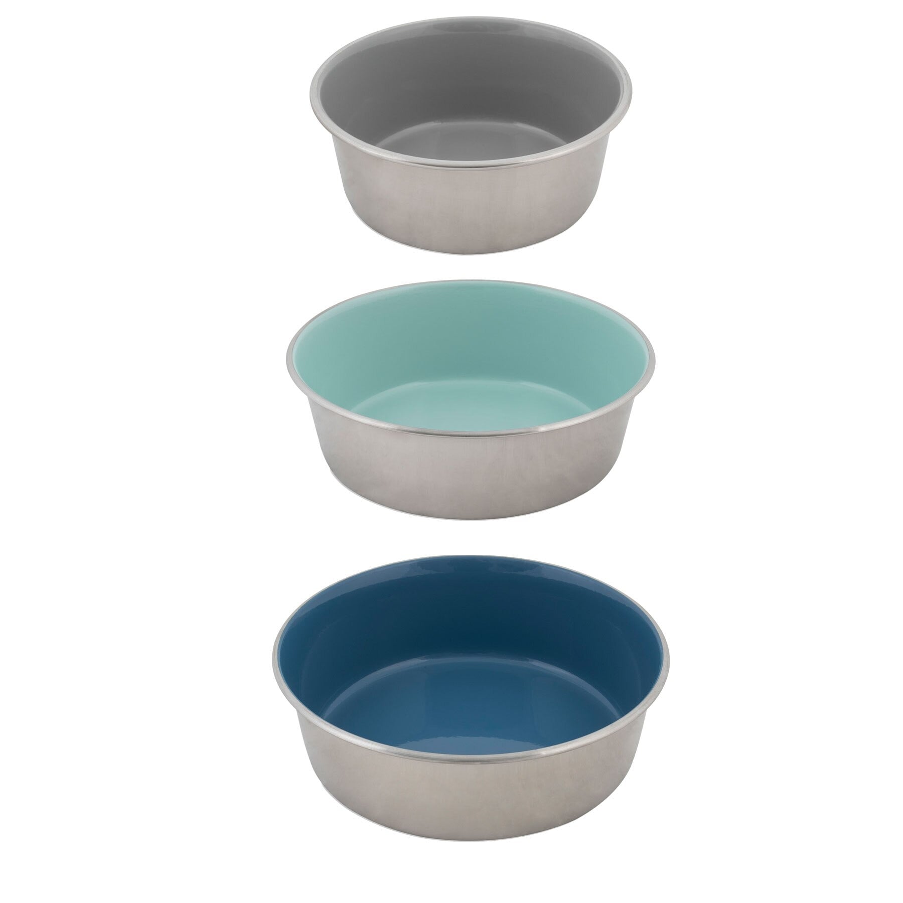 The Petmate Painted Stainless Steel Pet Bowls, by Petmate, feature a stackable design with rust-resistant stainless steel and vibrant interiors: gray, light blue, and dark blue. Each bowl includes non-skid feet for stability during mealtime.