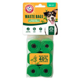 The Arm & Hammer Cornstarch Waste Bags packaging showcases a dog and includes six rolls of green bags, totaling 90 bags. Made with 40% cornstarch for eco-friendliness, it highlights odor control and features a recycling symbol to emphasize its environmentally conscious design.