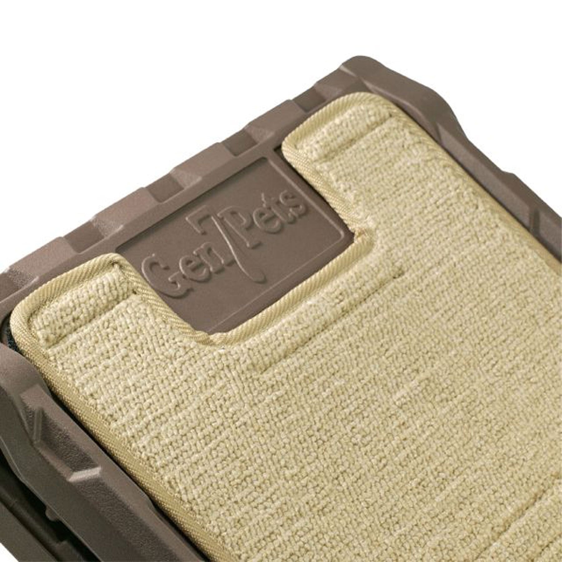 Close-up of a pet bed with a textured beige cushion and Gen7 embossed on a dark brown plastic section. Its rugged design complements options like the Gen7Pets Indoor Carpet Mini Ramp for seamless access and comfort.