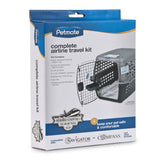 The Petmate Kennel Airline Travel Kit, a must-have for pet travel, features a pet carrier image and includes essential accessories: bowls, hardware, ID sticker, food bag, and an absorbent pad. Its designed for small animals under 10 kg and meets airline requirements.