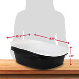 A black Arm & Hammer Sifting Litter Box with a white lid sits on wood, featuring antimicrobial protection. Its silhouette shows dimensions: 15.2 W, 18.8 L, and 7.8 H.