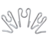 Five wavy silver metal wire display stands are arranged in a semi-circle, perfect for showcasing items like plates; they have a shiny, reflective surface similar to Aspen Pet Heavy Duty Prong Collar Replacement Links - 3pk.