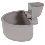 The Petmate No Spill Kennel Cup by Petmate is a gray plastic automatic water bowl with a rounded basin and top refill spout. Its spill-proof design features a back bracket for easy surface attachment, ideal for travel use.