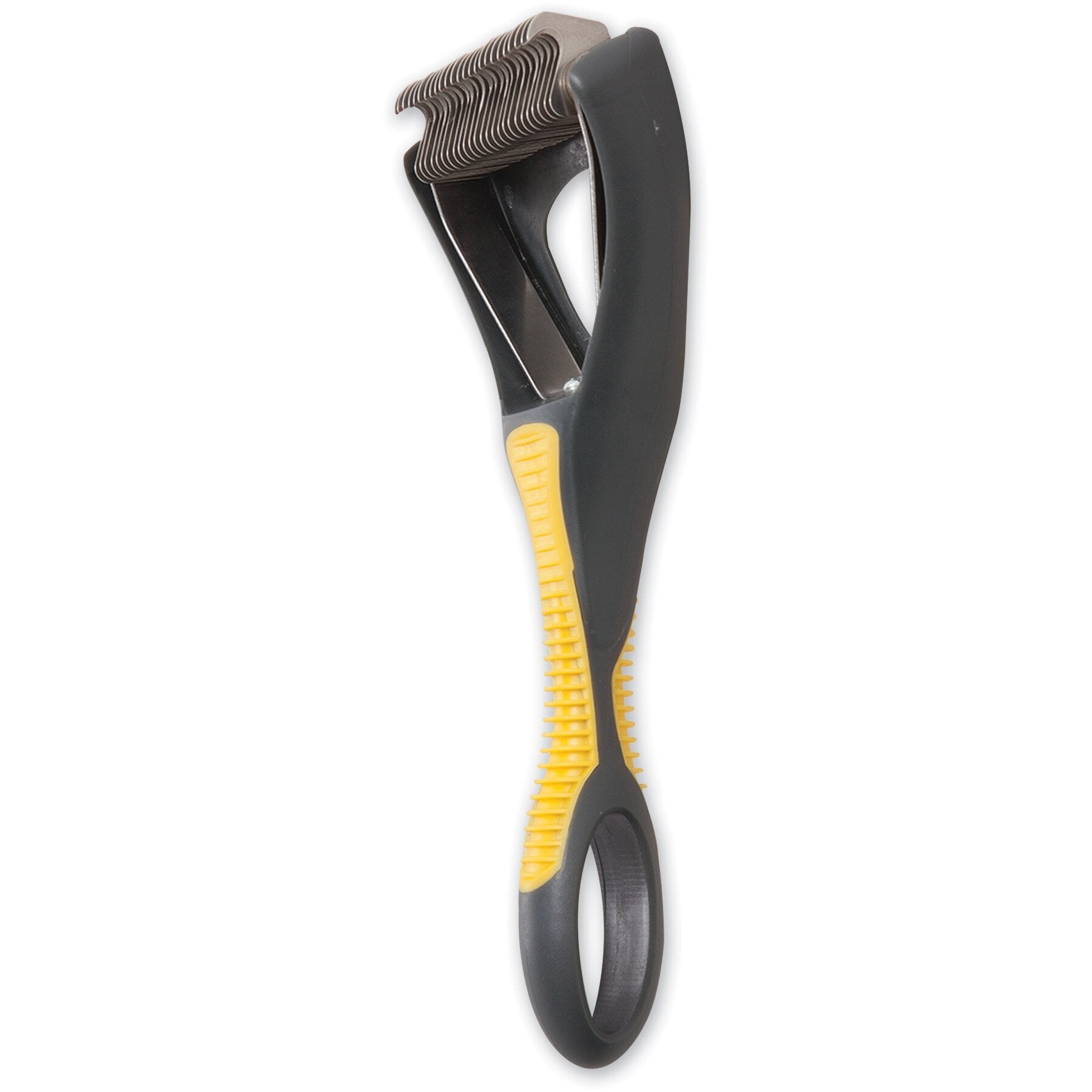 This image showcases the JW Gripsoft Dog Deshedding Tool by Jw, featuring a black and yellow handle with GripSoft technology and an ergonomic grip. Its curved stainless steel blades efficiently remove loose fur and undercoat from pets.