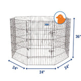 The Petmate Single Door Exercise Pen by Petmate is an octagonal, portable playpen with durable metal bars. Each panel measures 36 inches high and 24 inches wide, and a circular emblem in the top right corner features an orange silhouette of a dogs head.